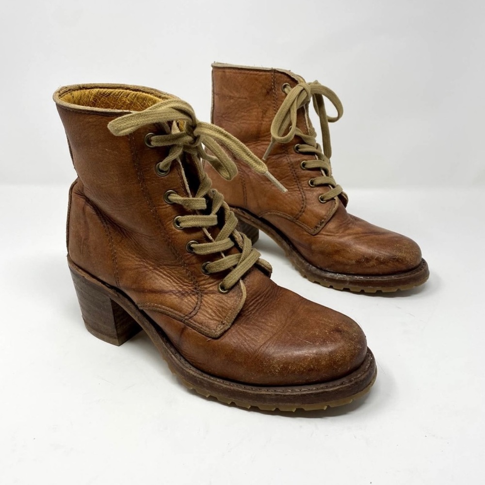 Frye 7 Brown leather Lace Up Block Heel Boots